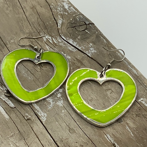 Lime Green and silver tone Heart dangle earrings . Fairly lightweight. Fun! - Picture 2 of 6